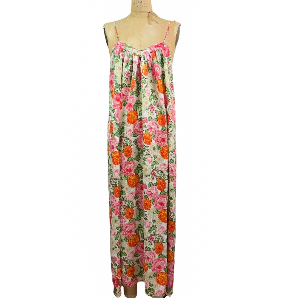 Vintage Mary McFadden Floral Maxi Slip Dress Gown Pleated Bust Romantic 90s Sz M